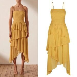 NEW Shona Joy Iris Pin Tuck Frill Midi Dress in Saffron Yellow Size 8 AUS 12 NWT